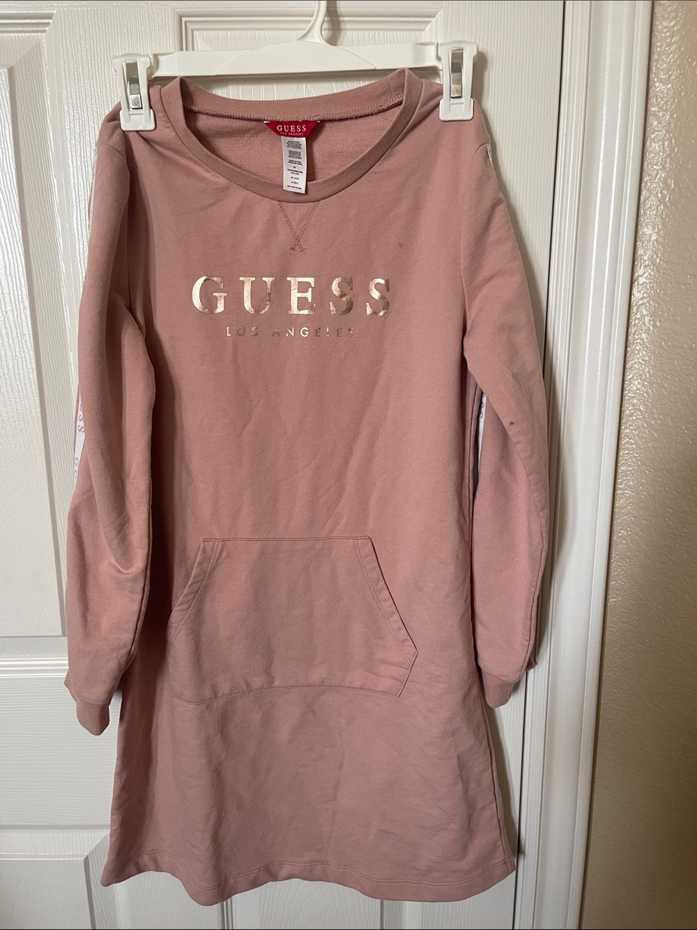 GUESS Dusty Pink Logo Sweatshirt Dress with Metallic Print